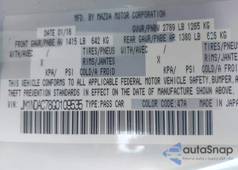 2016 Mazda Mx-5 Miata Club z USA, uszkodzony, nr VIN JM1NDAC78G0109535